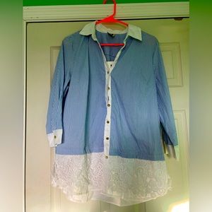 Anne Klein button down Oxford blouse with scallop lace trim on the bottom